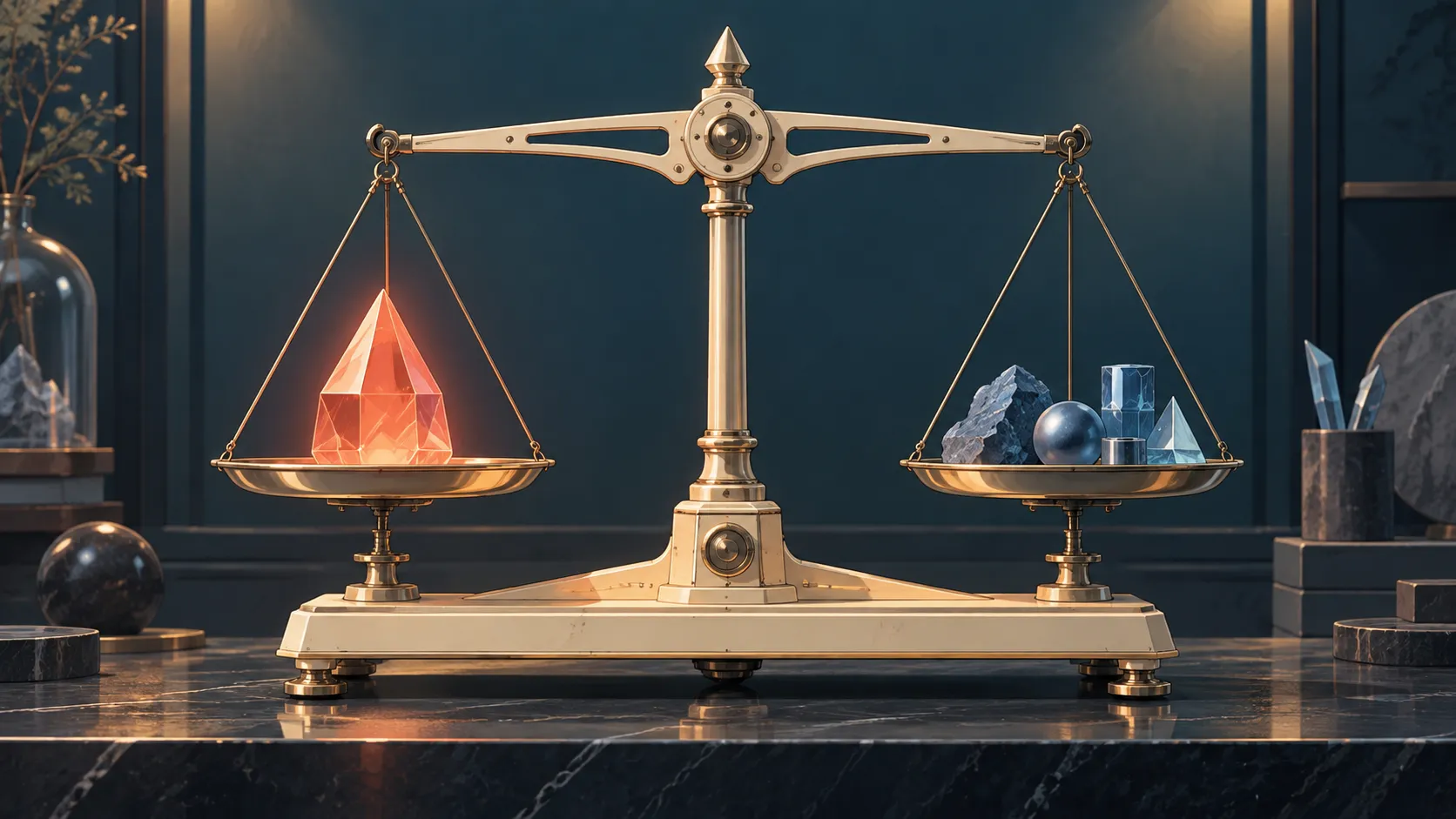 A precision balance comparing a coral prism with a set of blue test objects.