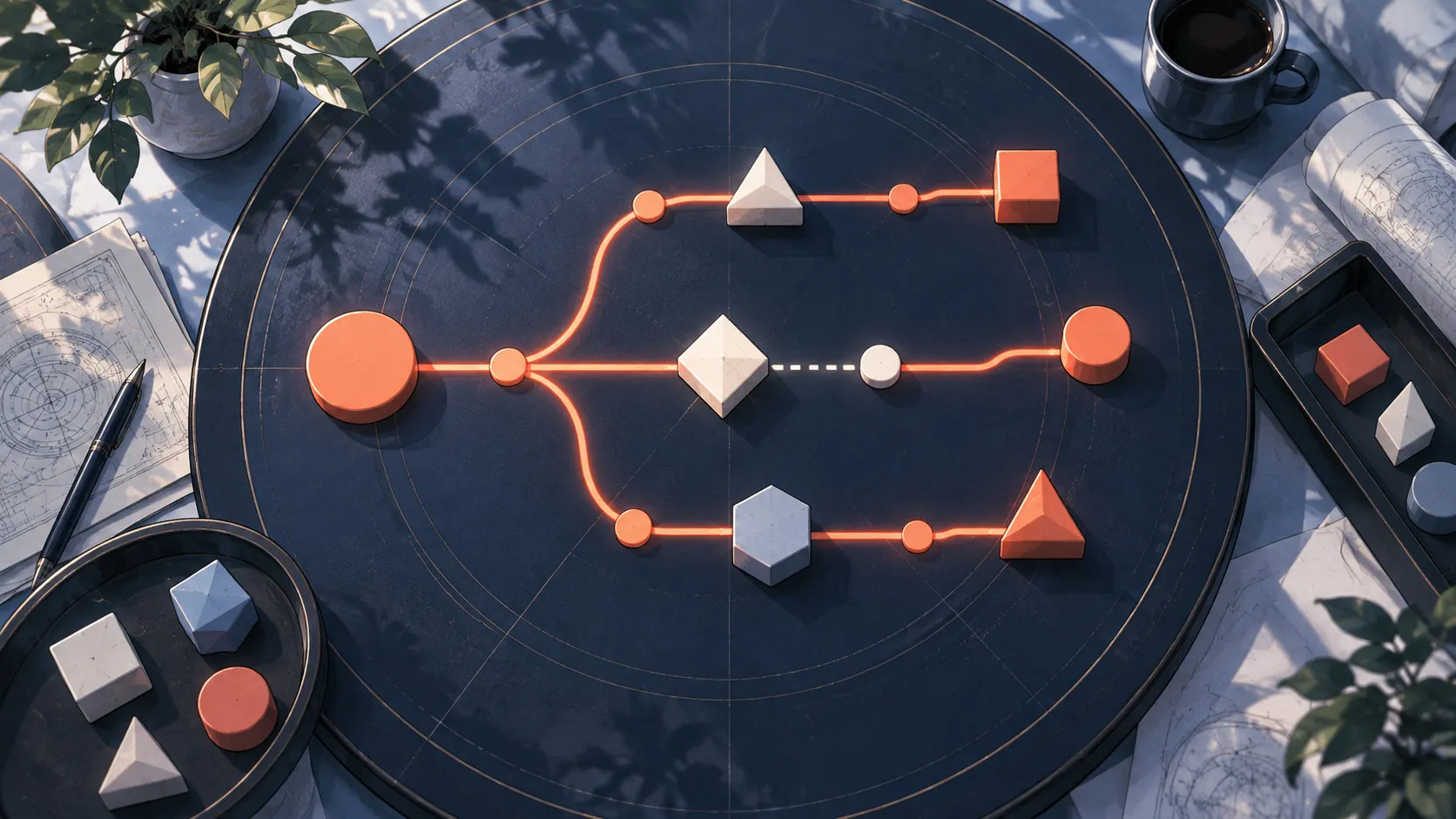 Conversation pieces connected into a branching workflow on a circular planning table.