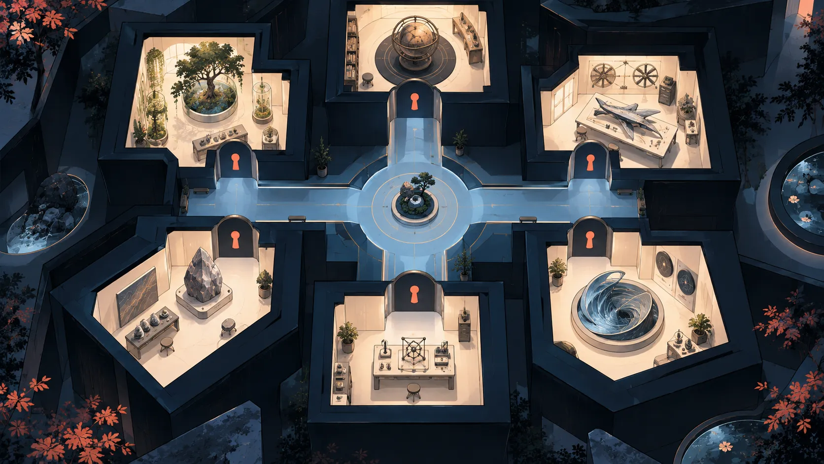 Separate ivory application rooms with individual access boundaries and a shared corridor.