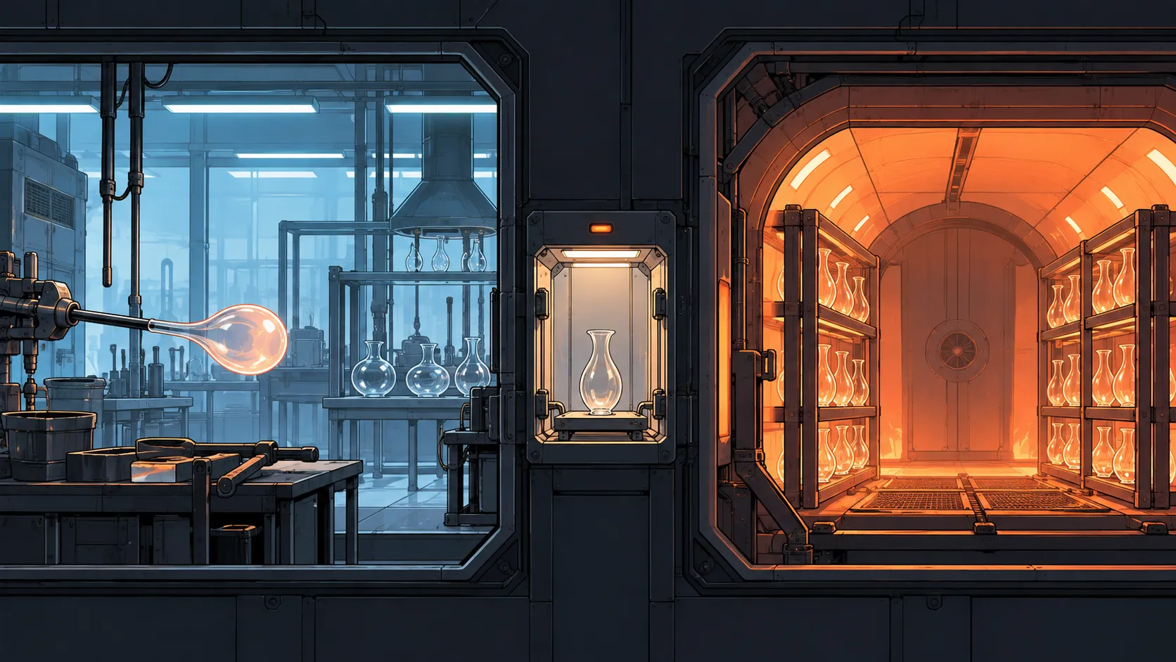Separate build and release chambers connected through a small inspection airlock.