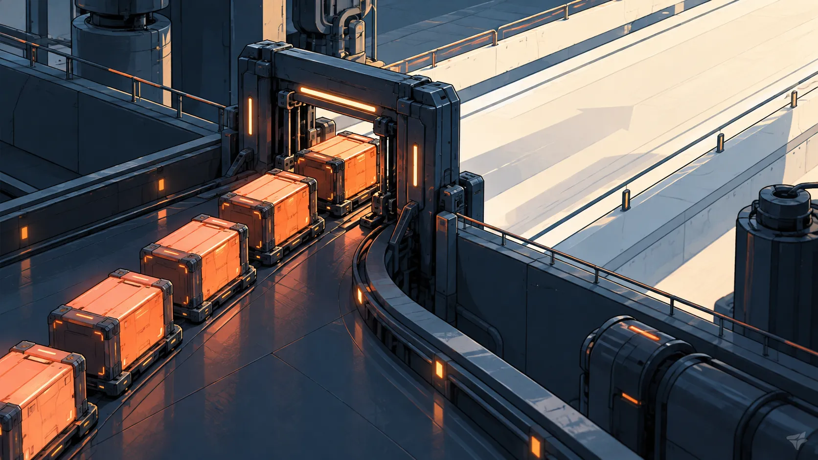 Coral cargo modules approaching a narrow transfer gate on a broad ivory track.