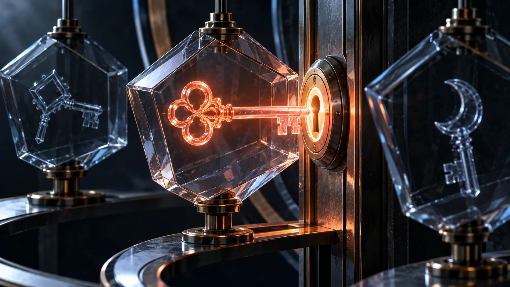 Three glass access chambers, with one coral key aligned to its matching lock.