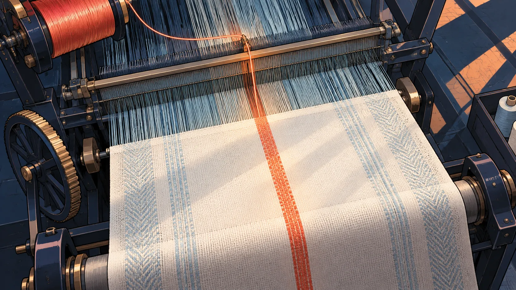 A coral thread woven through a precision loom into a broad ivory fabric.