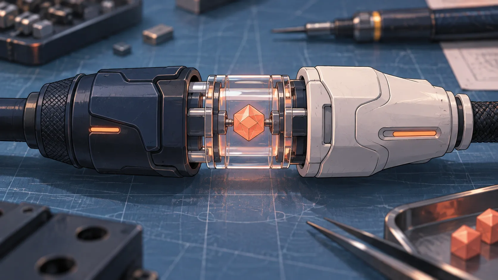 Two tool connectors meeting through a transparent coupling containing a coral credential.