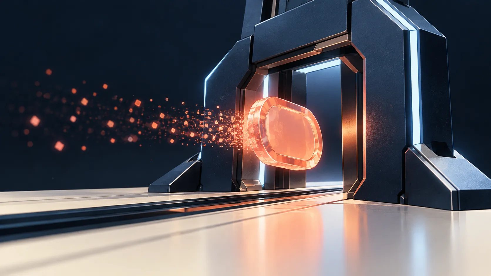 A coral access token crossing a navy gate with a short fading light trail.