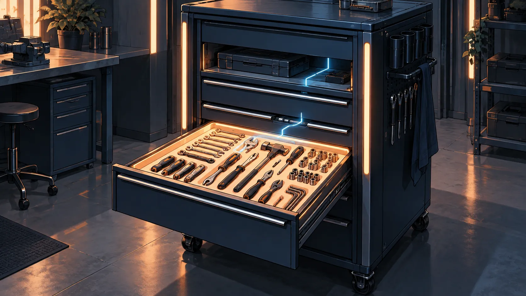 An open engineering cabinet presenting a complete illuminated toolkit.