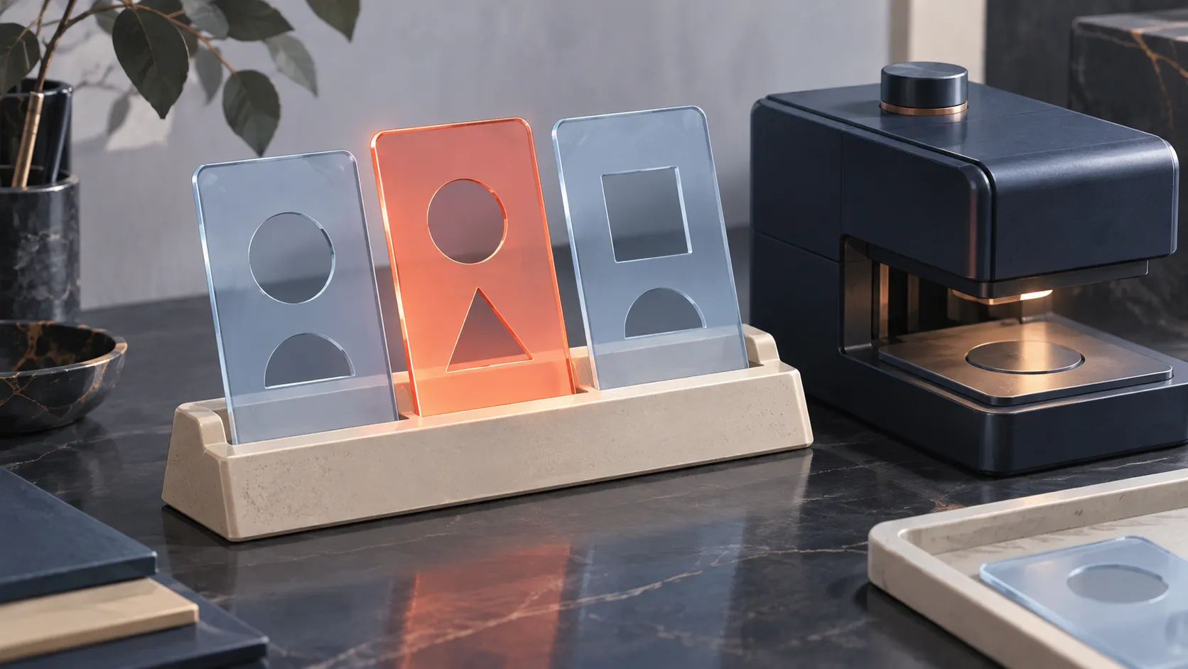 Three abstract instruction cards in a rack beside a compact application device.