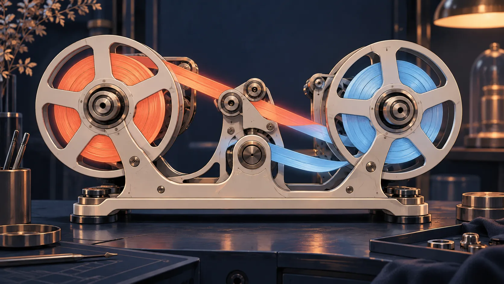 Two precision reels carrying a coral ribbon and an intact blue return loop.