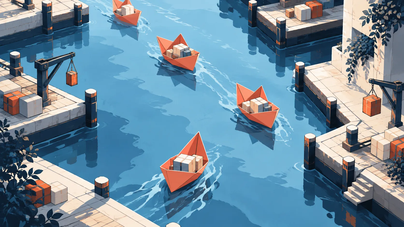 Small coral cargo boats making short journeys through an ice-blue channel.