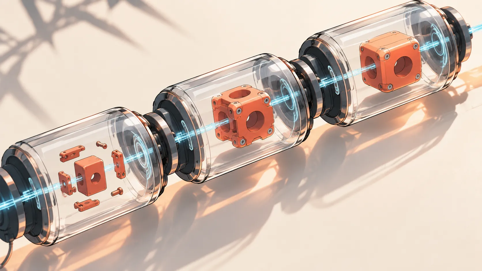 Three connected transparent capsules showing a coral component's assembly lineage.