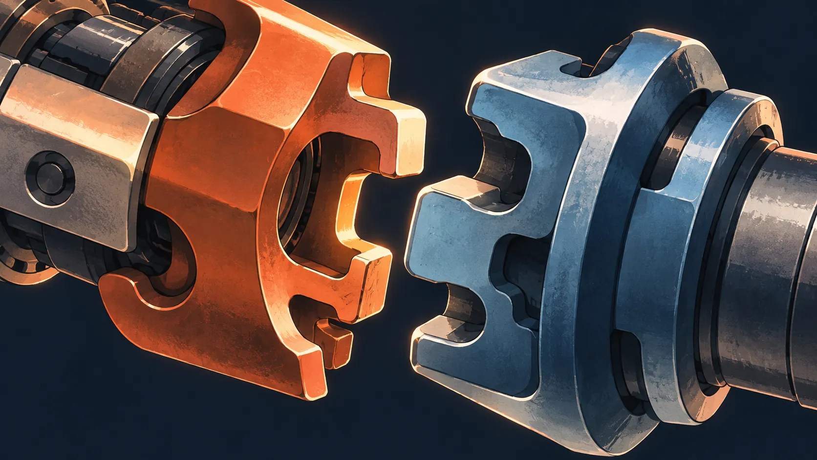 Two precisely matching coral and blue mechanical couplings meeting at one seam.