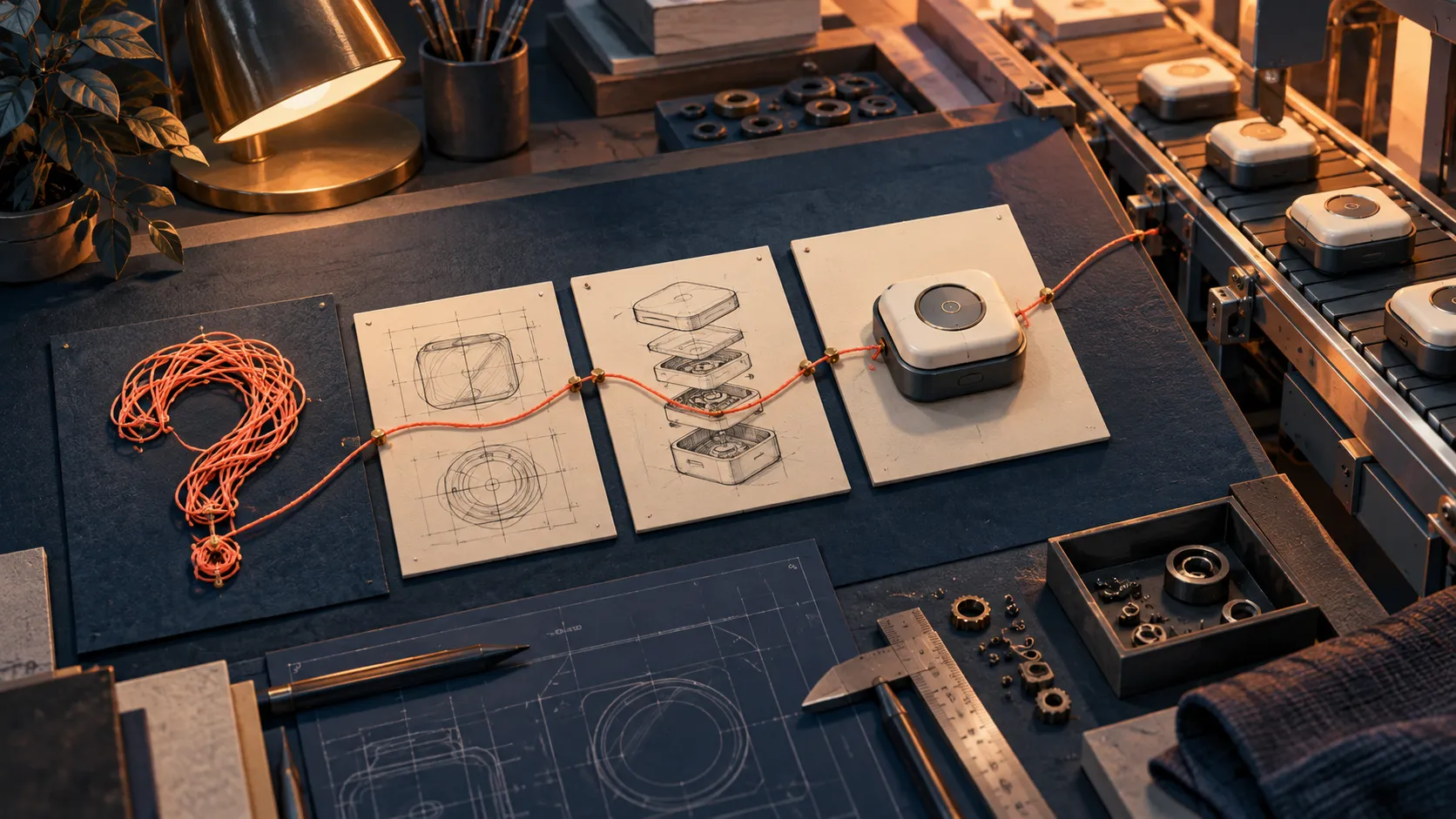 A coral thread tracing a planning journey from an abstract knot to a device and conveyor.
