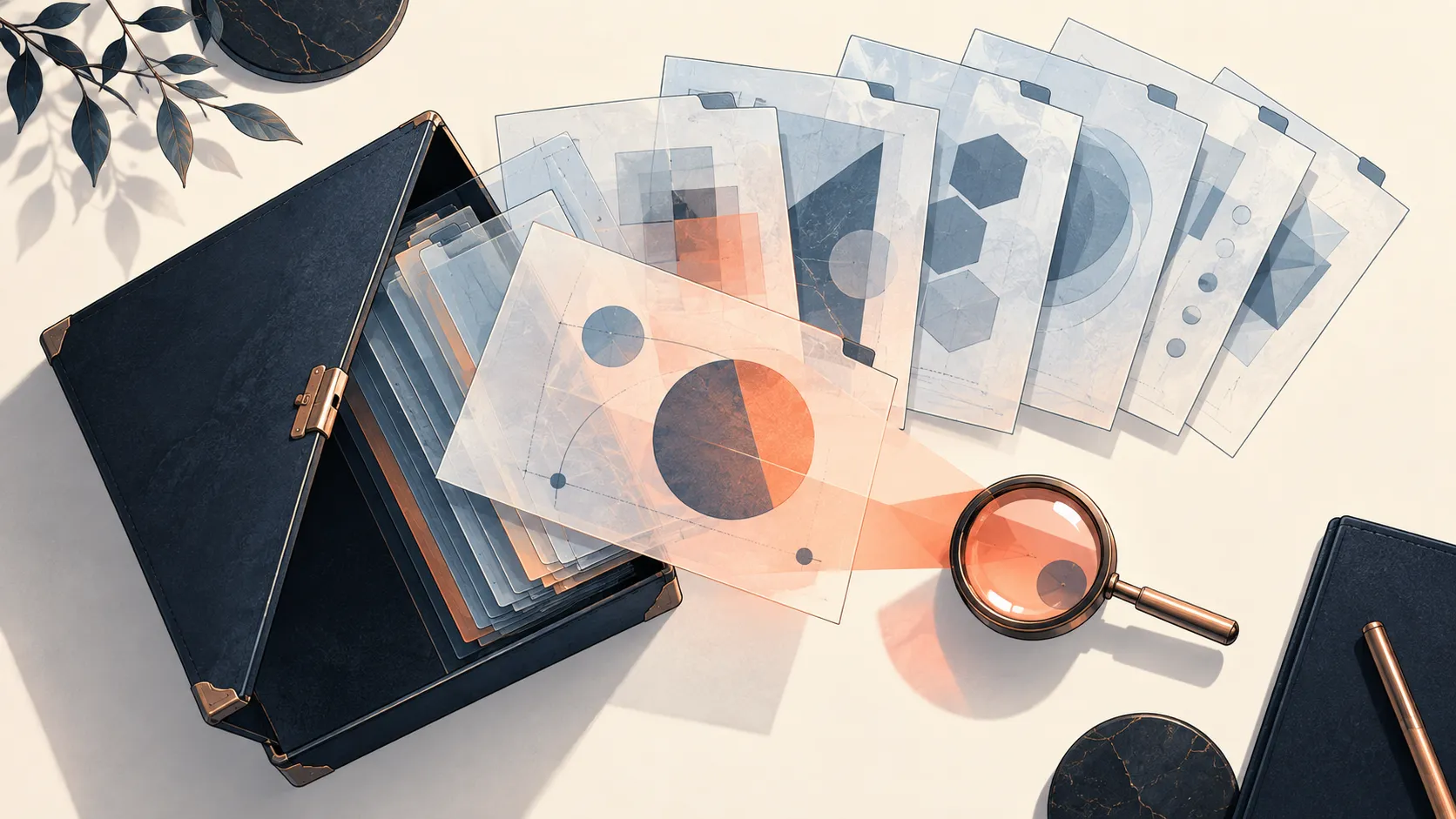 Layered translucent context sheets arranged above an archive case and an application lens.